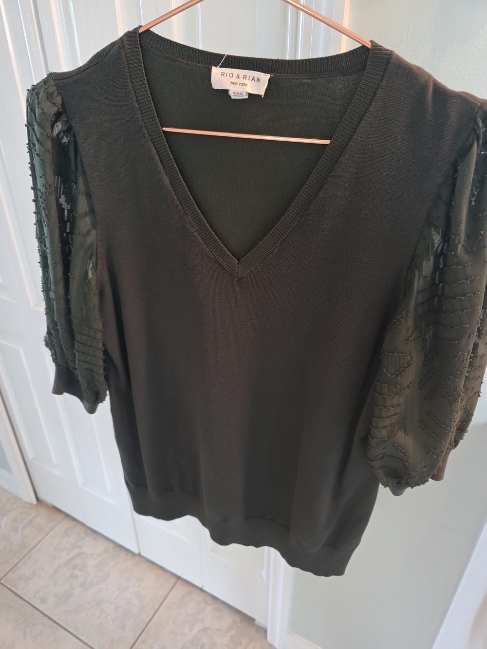 Green V-Neck Sweater with Sheer Puff Sleeves